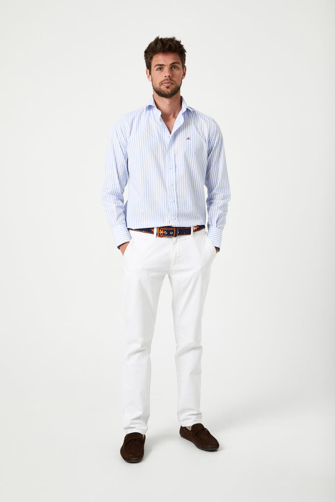 Rayas azul camisa - frontal en modelo The Circus Clothing