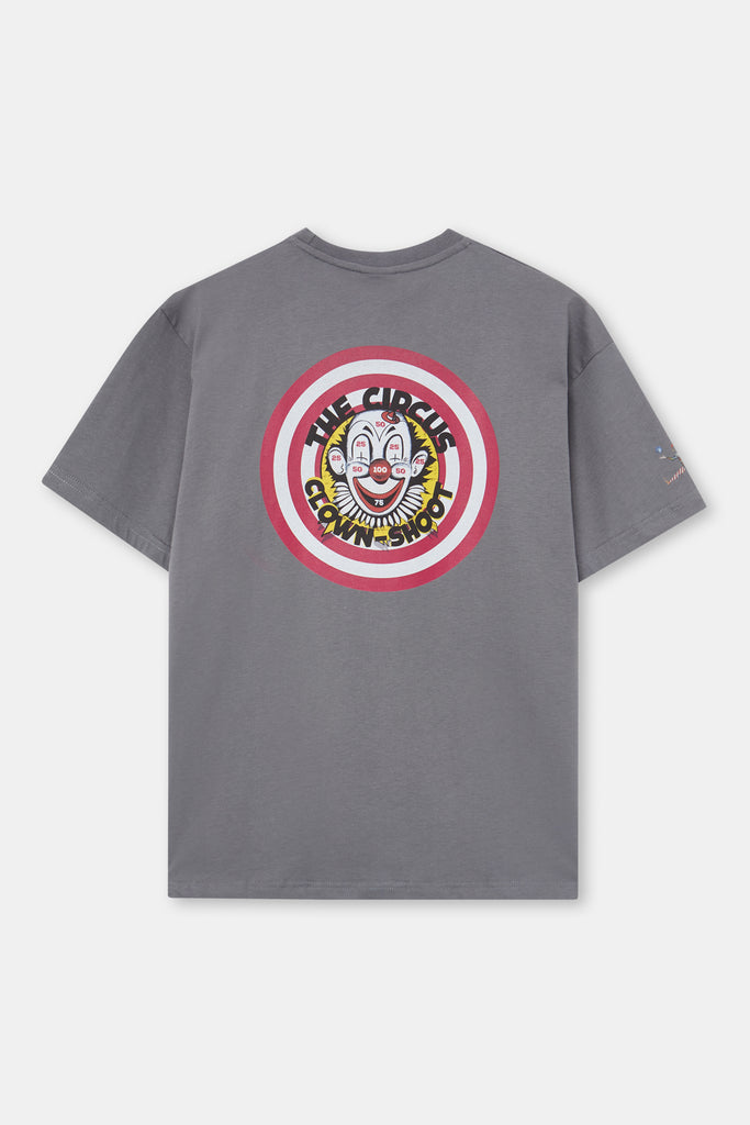 Camiseta clown shoot petroleo de algodón orgánico unisex - frontal The Circus Clothing